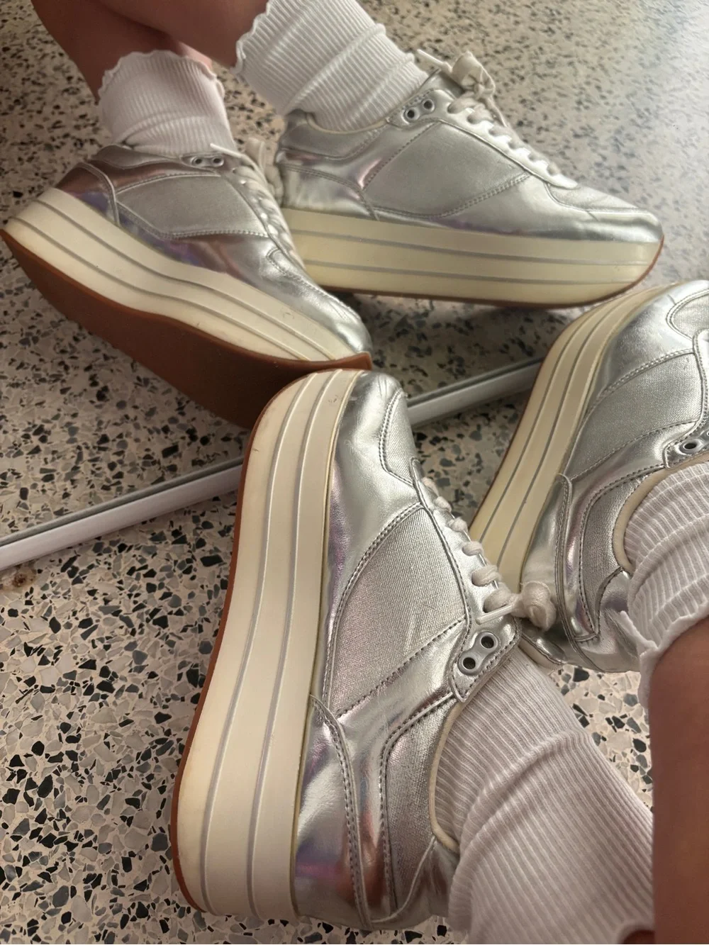 ZARA Basic Metallic Silver Platform Sneakers